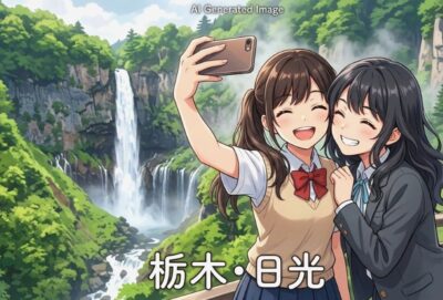 栃木・日光の観光(画像はあくまでAIによるイメージです。実際の景色・人物等ではありません)(鉄道唱歌:華厳の滝関連)