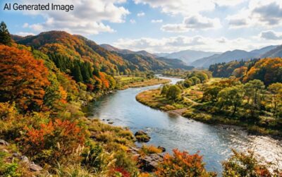渡良瀬川(画像はあくまでAIによるイメージです。実際の景色ではありません)(鉄道唱歌:両毛線関連)