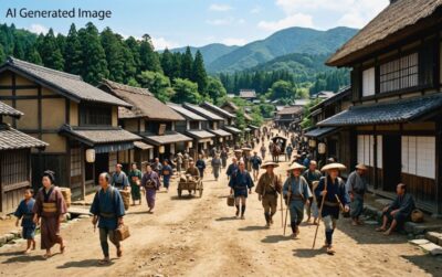 江戸時代の伊勢参りのための「伊勢街道」（画像はあくまでAIによるイメージです）（鉄道唱歌：伊勢参宮の終わり関連）