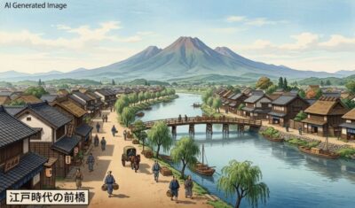 江戸時代の前橋と赤城山（※画像はあくまでAIによるイメージです。実際の歴史的景観や史実・地理的形状とは異なる場合がありますので、ご了承ください。）
