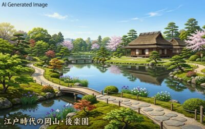江戸時代の岡山・後楽園(画像はあくまでAIによるイメージです。)
