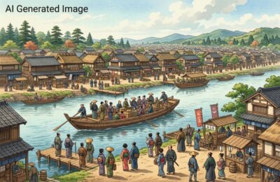 江戸時代の川崎大師（画像はAIによるイメージです）（鉄道唱歌：大森・川崎関連）