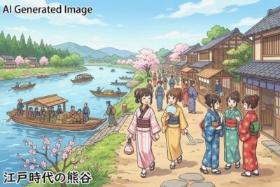 江戸時代の熊谷（と荒川）（画像はあくまでAIによるイメージです。実際の歴史的景観・地理的形状・史実とは異なる場合がありますので、ご了承ください。）