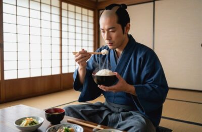 江戸時代の白米を食べる武士(画像はあくまでAIによるイメージです。)