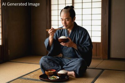 江戸時代の白米を食べる武士。「脚気にだけはならないで〜」って言いたくなりますよね(^_^;(画像はAIによるイメージです)