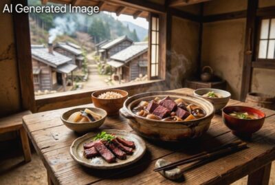 江戸時代の石見銀山の名物「クジラ肉料理」（画像はあくまでAIによるイメージです。）