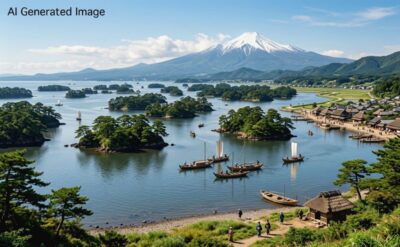 江戸時代の象潟と出羽富士・鳥海山(画像はあくまでAIによるイメージです。史実とは異なる描写がある可能性がありますので、ご了承ください。)