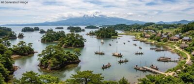 江戸時代の象潟と出羽富士・鳥海山(画像はあくまでAIによるイメージです。)