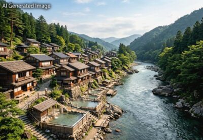江戸時代の下呂温泉と飛騨川（画像はAIによるイメージです）