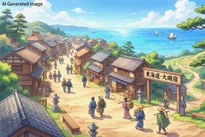 江戸時代の東海道・大磯宿(画像はあくまでAIによるイメージです。)