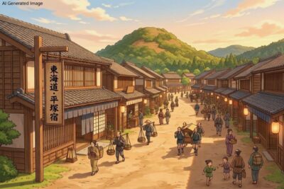 江戸時代の東海道・平塚宿(画像はあくまでAIによるイメージです。)(鉄道唱歌:相模川・平塚・大磯関連)
