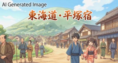 江戸時代の東海道・平塚宿(画像はあくまでAIによるイメージです。)(鉄道唱歌:相模川・平塚・大磯関連)