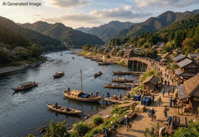 江戸時代の徳島・吉野川の水運(画像はあくまでAIによるイメージです。)