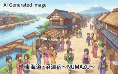 江戸時代の東海道・沼津宿(画像はあくまでAIによるイメージです。)