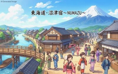 江戸時代の東海道・沼津宿(画像はあくまでAIによるイメージです。)