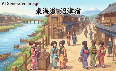 江戸時代の東海道・沼津宿(画像はあくまでAIによるイメージです。)
