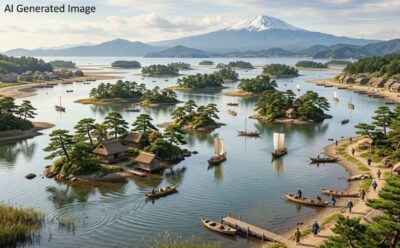 江戸時代の象潟と出羽富士・鳥海山(画像はあくまでAIによるイメージです。)