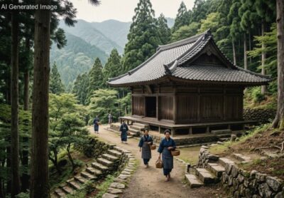 江戸時代の高野山・女人堂（画像はあくまでAIによるイメージです。史実とは異なる描写がある可能性がありますので、ご了承ください。）