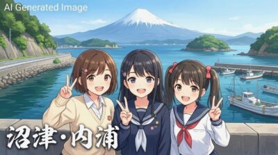 沼津・内浦(画像はあくまでAIによるイメージです。実際の景色・人物等ではありません。無論、アニメとも無関係ですのでご了承ください。)