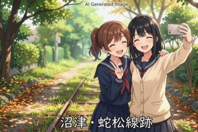 沼津・蛇松線跡(画像はあくまでAIによるイメージです。現代では画像のようなレールも大部分において現存しておりませんので、ご了承ください。)