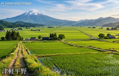 津軽平野と津軽富士・岩木山（画像はあくまでAIによるイメージです。実際の景色ではありませんので、ご了承ください。）