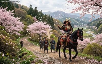 源義家（八幡太郎）と、「道も狭（みちもせ）に散る花」の勿来の関（画像はAIによるイメージです）