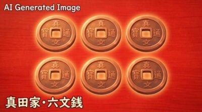 真田家の「六文銭」のイメージ（画像はあくまでAIによるイメージです。史実とは異なる描写がある可能性がありますので、ご了承ください。）（真田幸村関連）