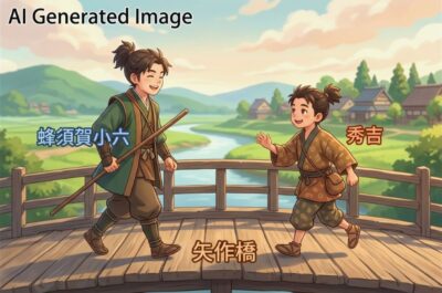 矢作橋における、幼少期の豊臣秀吉と蜂須賀小六の出会い（画像はあくまでAIによるイメージです。）（鉄道唱歌：岡崎・矢作関連）