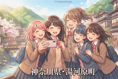 神奈川県・湯河原町の観光(画像はあくまでAIによるイメージです。実際の景色・人物等ではありませんので、ご了承ください。)