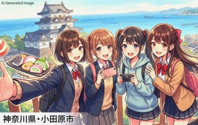 神奈川県小田原市の観光(画像はあくまでAIによるイメージです。)(鉄道唱歌:国府津・小田原関連)