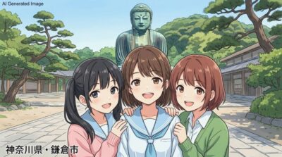神奈川県鎌倉市の観光（画像はあくまでAIによるイメージです。）（鉄道唱歌：鎌倉仏教・江ノ島関連）