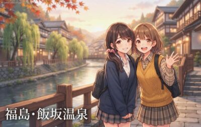 飯坂温泉(画像はあくまでAIによるイメージです。実物の景色ではありません)(鉄道唱歌:飯坂温泉・白石・蔵王関連)