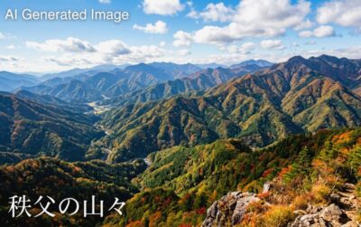 秩父の山々（画像はあくまでAIによるイメージです。実物・実際の景色ではありませんので、ご了承ください。）（鉄道唱歌：赤羽・荒川・秩父関連）