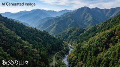 秩父の山々（画像はあくまでAIによるイメージです。）（鉄道唱歌：赤羽・荒川・秩父関連）