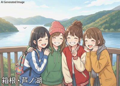 箱根・芦ノ湖の観光(画像はあくまでAIによるイメージです。)(鉄道唱歌:国府津・小田原・箱根関連)