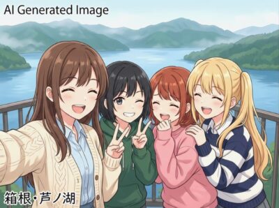 箱根・芦ノ湖の観光（画像はあくまでAIによるイメージです。実際の景色・人物等ではありませんので、ご了承ください。）