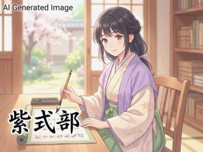 石山寺にて「源氏物語」の着想を得ることになった、紫式部(画像はあくまでAIによるイメージです。)(鉄道唱歌:瀬田・石山関連)