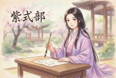 石山寺にて「源氏物語」の着想を得ることになった、紫式部(画像はあくまでAIによるイメージです。)(鉄道唱歌:瀬田・石山関連)