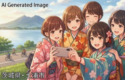 霞ヶ浦・筑波山・サイクリングの街、土浦（画像はあくまでAIによるイメージです。実際の景色・人物等ではありません）