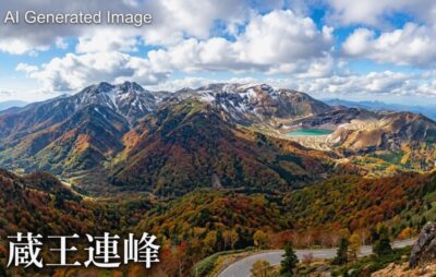 蔵王連峰(画像はあくまでAIによるイメージです。実際の景色ではありません)(鉄道唱歌:飯坂温泉・白石・蔵王関連)