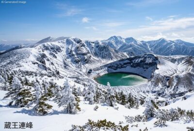 東北の高原地帯が誇る蔵王連峰の「御釜」のイメージ(画像やや中央)。エメラルドグリーンの神秘的な火口湖の景観となっている。(画像はあくまでAIによるイメージです。)