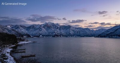近江八景「比良の暮雪」(画像はAIによるイメージです)(鉄道唱歌の旅)