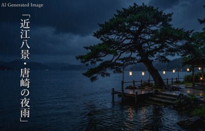 近江八景「唐崎の夜雨」（画像はあくまでAIによるイメージです。）（鉄道唱歌：堅田・三井寺・唐崎関連）