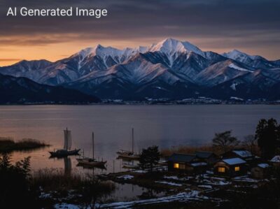 近江八景「比良の暮雪」(画像はAIによるイメージです)(鉄道唱歌の旅)