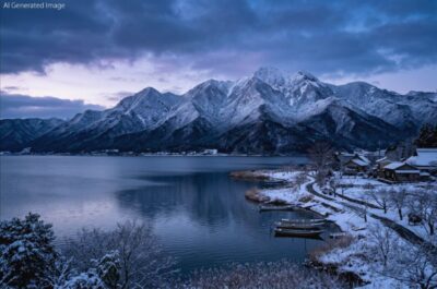 近江八景「比良の暮雪」(画像はAIによるイメージです)(鉄道唱歌の旅)