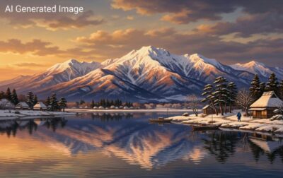 近江八景「比良の暮雪」(画像はAIによるイメージです)(鉄道唱歌の旅)