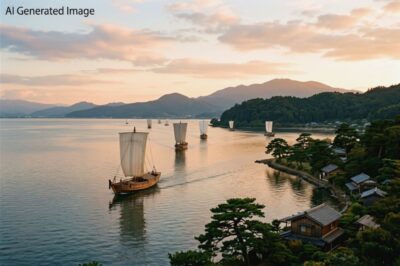 近江八景「矢橋の帰帆」(画像はAIによるイメージです)(鉄道唱歌の旅)