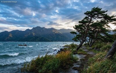 近江八景「粟津の晴嵐」(画像はAIによるイメージです)(鉄道唱歌の旅)