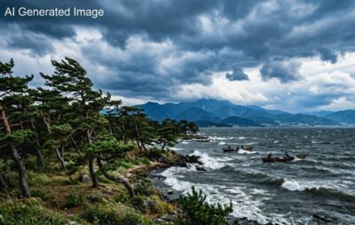 近江八景「粟津の晴嵐」(画像はAIによるイメージです)(鉄道唱歌の旅)