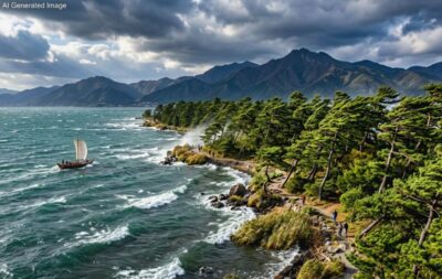 近江八景「粟津の晴嵐」(画像はAIによるイメージです)(鉄道唱歌の旅)